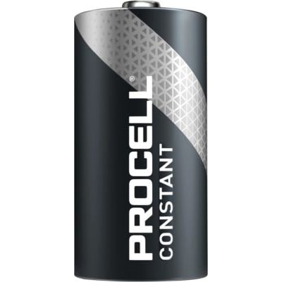 Et Duracell Procell C batteri med 'PROCELL' og 'CONSTANT' skrevet lodret på en mørkegrå overflade med et geometrisk mønster.