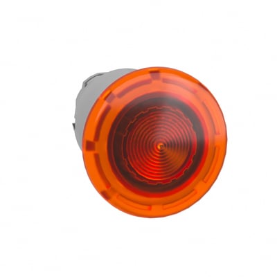 Frontvisning af Schneider Electric orange LED impuls trykknap med 40mm diameter og ribbet overflade, monteret på grå baggrund.