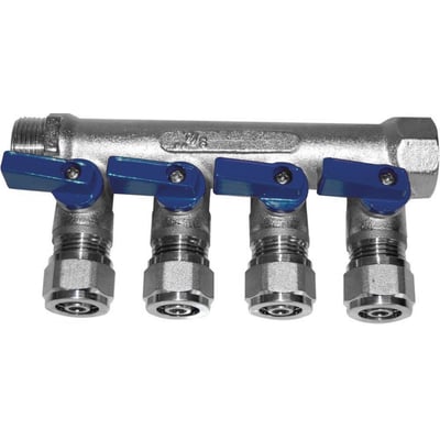 Fordelerrør i messing med afspærring og fire 15 mm pex-afgreninger. Har 3/4" tilslutning og 1/2" gevind på afgreninger.