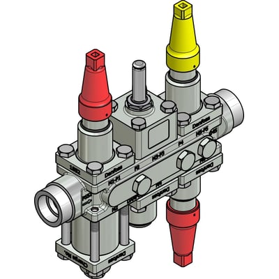 Danfoss Ventilstation ICF 20-6-3HRB med 25mm svejsestuds, stålhus med ZnCr04 overflade, viser røde og gule beskyttelseshætter.