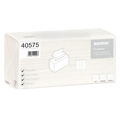 Emballage til Katrin Flexmaster 40575 aftørringsklud med illustration af kludens udtræk og dispenser.