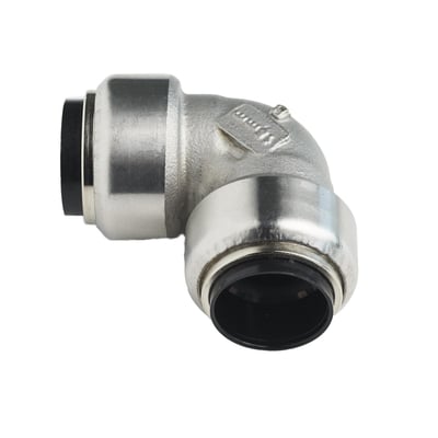 Roth 90-graders vinkel med 18 mm indstik til PEX, CU og rustfrie rør i blankt rustfrit stål på hvid baggrund.