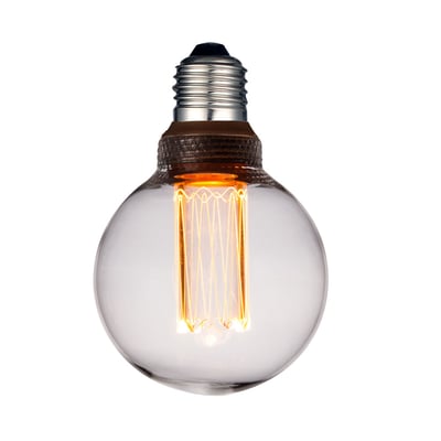 Halo Design COLORS DIM LED mini globe BLITZ-pære med klart glas, E27-fatning og lysende filament.