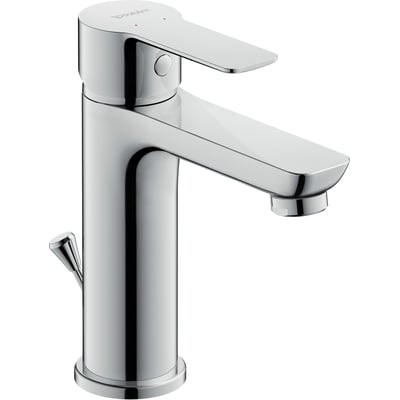 Frontalt billede af Duravit A.1 1-grebs håndvaskarmatur i skinnende krom, med en tydelig ventilfunktion og mærkelogo.