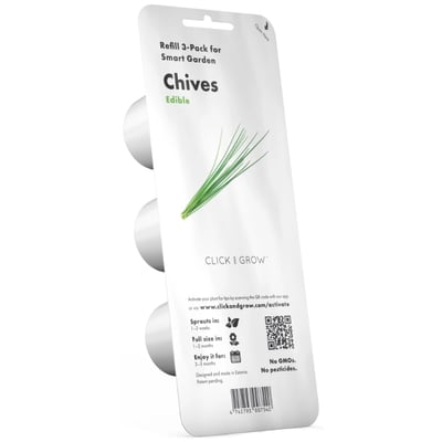 Bagside af Click & Grow purløgs refill pakke med 3 stk., der viser produktinformation og QR-kode.