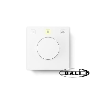 Jumitech DALI-2 potentiometer i hvid med drejeknap og tre trykknapper, der styrer grupper og scener.