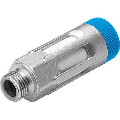 Festo drøvlelyddæmper GRU-3/8-B i metal med blå top, viser G3/8 gevind og justeringsskrue.