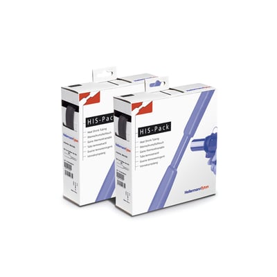 To æsker med HellermannTyton HIS Krympeflex 4,8/2,4 mm sort 10 m, der viser produktets logo og specifikationer.