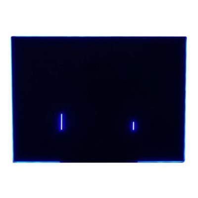 Laufen Lis e-aw107 betjeningsplade, frontvisning med sort glas, to lysende blå skylle-symboler og omgivende blå lyskant.