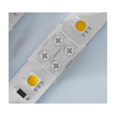 Nærbillede af 8mm LED strip skruesamler med fire skruer, til enkeltfarvede LED strips med gul lysdiode.