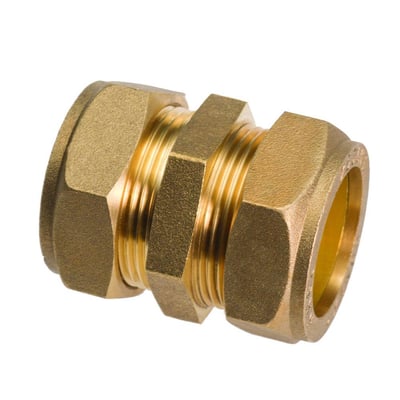 Detaljeret billede af Conex messing komp. lige kobling, 28 x 22 mm, viser klemring og gevind på hvid baggrund.
