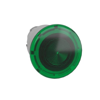 Isoleret Schneider Electric grøn paddetryk impuls med Ø40 LED og en cirkulær, grøn linse, vist på hvid baggrund.