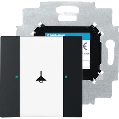 ABB KNX betjeningselement med 1-tryk funktion i mat sort og hvid, viser trykkontakter og grønne LED'er.