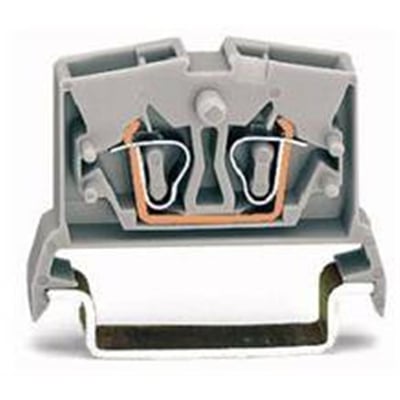 Nærbillede af Wago 2,5 mm² mini gennemgangsklemme i grå med kobberkontakter og fjederlåsning synlig.