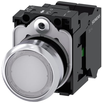 Siemens 22mm oplyst trykknap i ru metal med højglans hvid finish og fjederklemme.