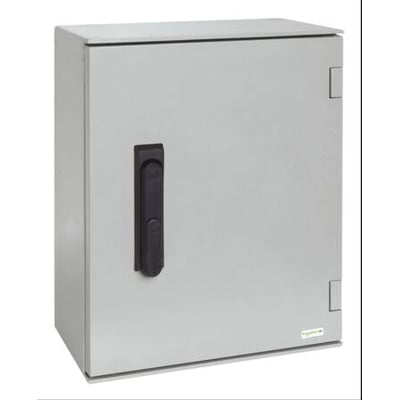 Schneider Electric vægskab 7035 poly i RAL7035 med dimensionerne 747x536x300 mm og en sort håndtagslås foran.