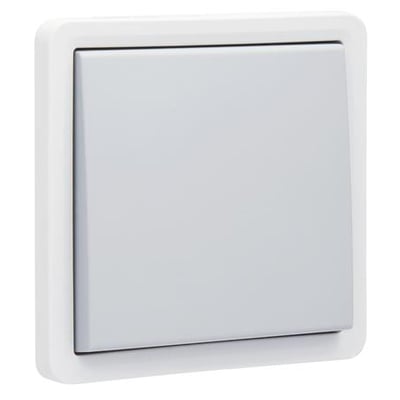 Niko Hydro krydsningsafbryder i grå med IP55-klassificering og 10A/250Vac, monteret på en hvid ramme.