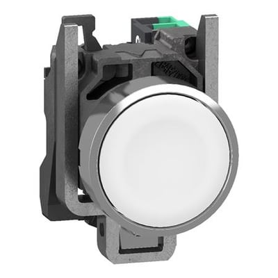 Schneider Electric trykknap med hvid, plan trykflade og metalramme, 1xNO kontakt.