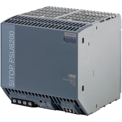 Siemens SITOP PSU8200 24V 40A stabiliseret strømforsyning, grå, med tydelig mærkning og tilslutningsterminaler.