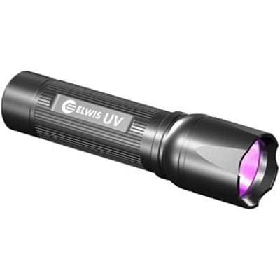 Elwis Royal S9UV UV LED-lommelygte i sort med lilla linse, til UV-lys på 395-410 nm.