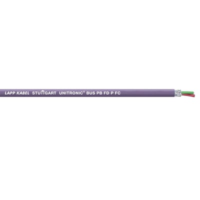 Lapp Unitronic bus PB FD P FC 1X2X0,64 kabel med lilla ydre kappe og afskærmning samt røde og grønne ledere for enden.