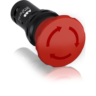 ABB nødstop Ø40mm, CE4T-10R-02, vist med reflekterende baggrund og fokus på den røde trykknap med nulstillingspil.