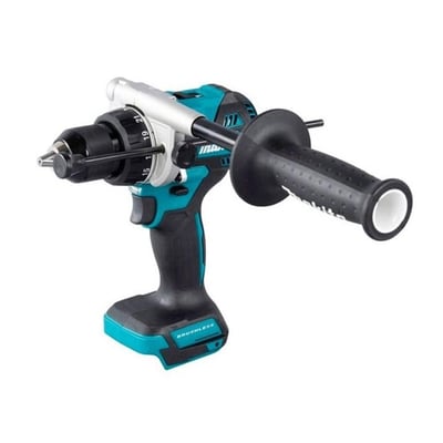 Makita DHP492Z slagboremaskine med sidegreb og nøglefri borepatron, set fra højre side på hvid baggrund.