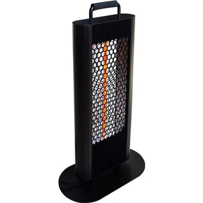 Sleek, sort, tårnformet havebordsvarmer på 650 mm med 1200W effekt og en honningkasse-lignende frontgrill.