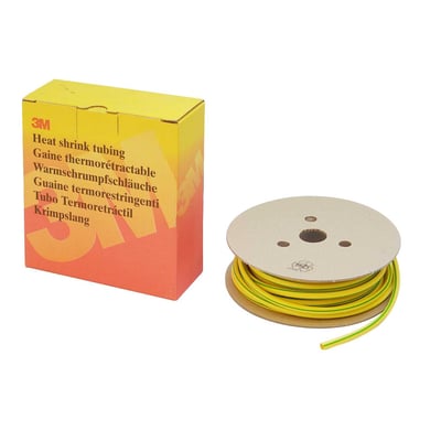 3M HSR varmekrympeslange i grøn/gul på en rulle med 9 meters længde, klar til brug.