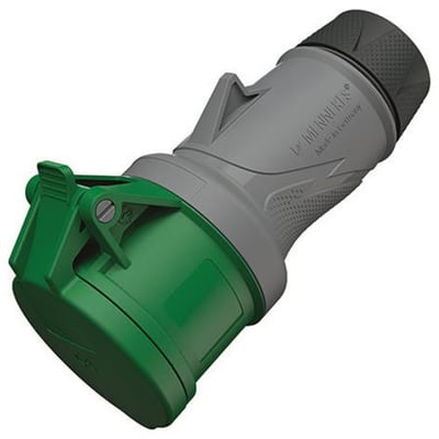 Mennekes PowerTOP Xtra CEE-forlængerled, 32 A og 4-polet, med grønt frontdæksel og gråt, ergonomisk hus.