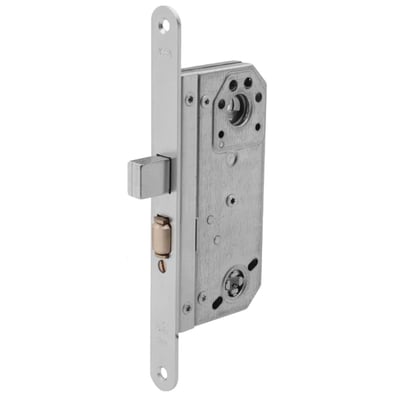 Assa Abloy låsekasse 566 i mat forzinket stål, set skråt med rigel og messingfarvet rulle synlige.