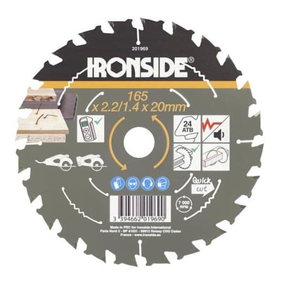 Ironside rundsavklinge til træ med 24 ATB-tænder, 165 mm diameter og 20 mm hul, vist forfra med mærkning.
