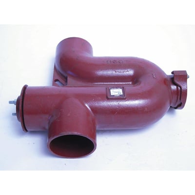 SML vandlås i mørkerød metal med 100mm rørdimension og 88 graders vinkel, inklusive renseprop i enden.