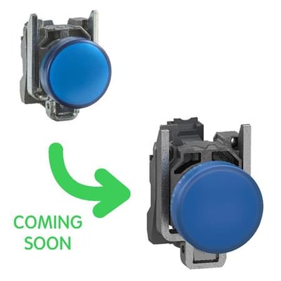 Schneider Electric komplet signallampe i blå farve med LED og push-in klemmer monteret i grå metalramme, med pil og tekst 'COMING SOON'.