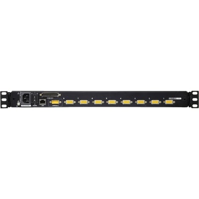 Bagsiden af Aten CL5708M-3Y KVM-konsol med KVM-switch viser de otte porte og øvrige tilslutninger.