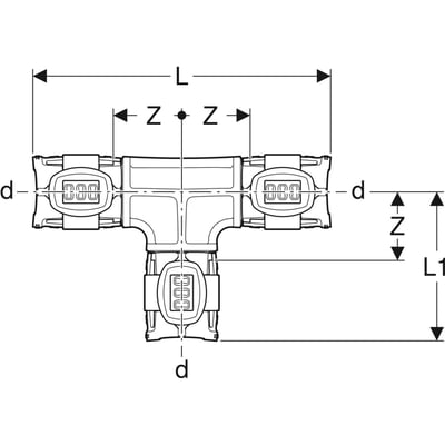 Teknisk tegning af Geberit FlowFit T-stykke, 16 mm, viser dimensioner L, Z og L1.
