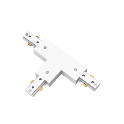 Hvidt Philips EasyLink T-stik til at forbinde tre lysskinner, set skråt ovenfra med stikenderne synlige.