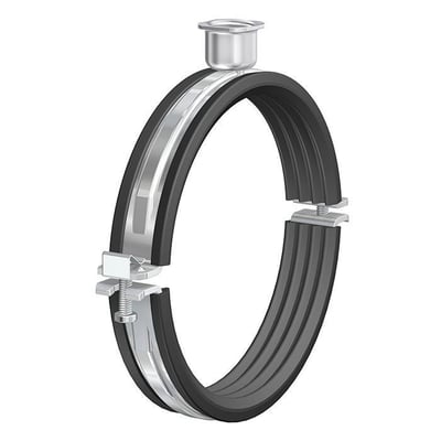 Flamco BSA rørbøjle 1/2" i sort gummi og stål, 159-162 mm, med gummiisolering for vibrationsdæmpning.