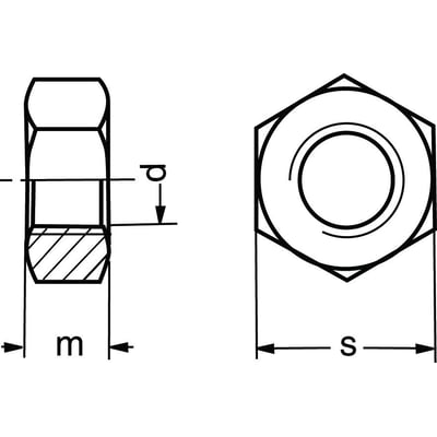 Teknisk tegning af M8X1 DIN 934 A2 møtrik i rustfrit stål med dimensioner angivet med bogstaverne m, d og S.
