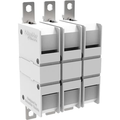Schneider Electric 3-polet kontaktsæt til TeSys Giga 265-330A kontaktorer, vist med tre sektioner og metalterminaler på en hvid baggrund.