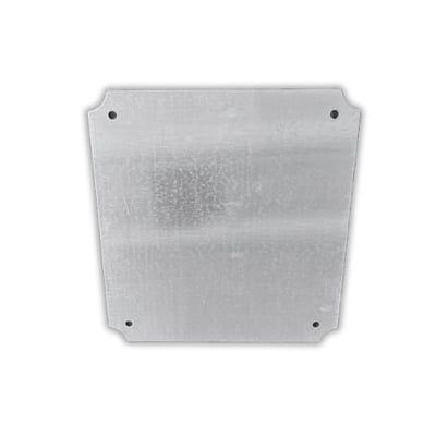 Galvaniseret stål montageplade på 196 x 216 mm, med fire monteringshuller og afrundede hjørner.