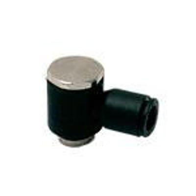Parker Legris banjo fitting i teknisk polymer med 8 mm slangediameter og G1/8 gevind, fremstillet af sort plast med en metallisk top.