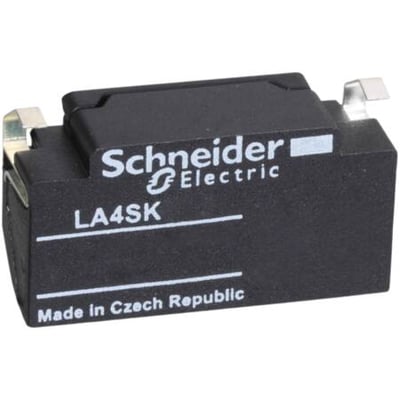 Schneider Electric LA4SK varistor undertryksmodul i sort plast, med "Made in Czech Republic" mærket på siden.