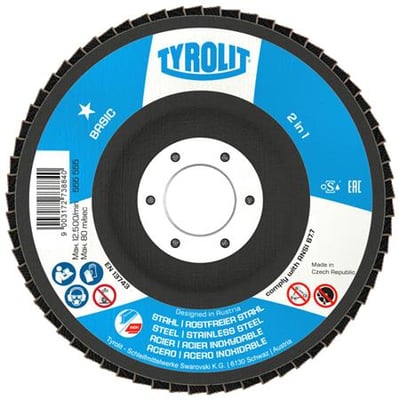 Tyrolit Basic 2in1 lamelrondel, 115 mm, K80, set forfra med blå og hvid etiket og sorte slibelameller.