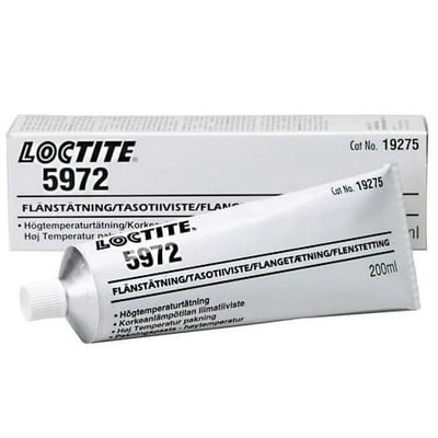 Loctite 5972 flangepakning i 200 ml tube, med kartonen som baggrund, viser produktnavn og specifikationer.