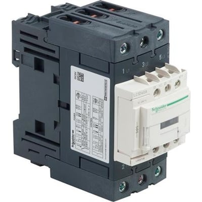 Schneider Electric TeSys D kontaktor 40A 3P, 24V DC, set fra siden med tydelig visning af hjælpekontakter og mærkat.
