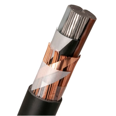 Nexans AXQJ Easy kabel med 4x95/29 mm² sektorformede aluminiumsledere og kobberskærm i snit, vist på hvid baggrund.