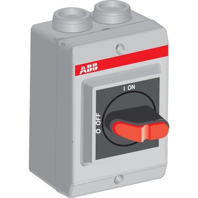 Illustration af ABB 3-polet 16A sikkerhedsafbryder med sort drejegreb og tydelig I/O mærkning, fremstillet i grå kunststof.
