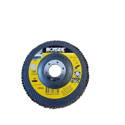 Ironside keramisk lamelrondel, 125 mm, K80 og konveks, set forfra med mørke slibeflapper og gul etiket.