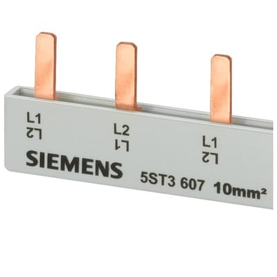 Siemens PIN samleskinne 5ST3 607 10mm² med 3 par kobberben og mærkninger for L1 og L2.